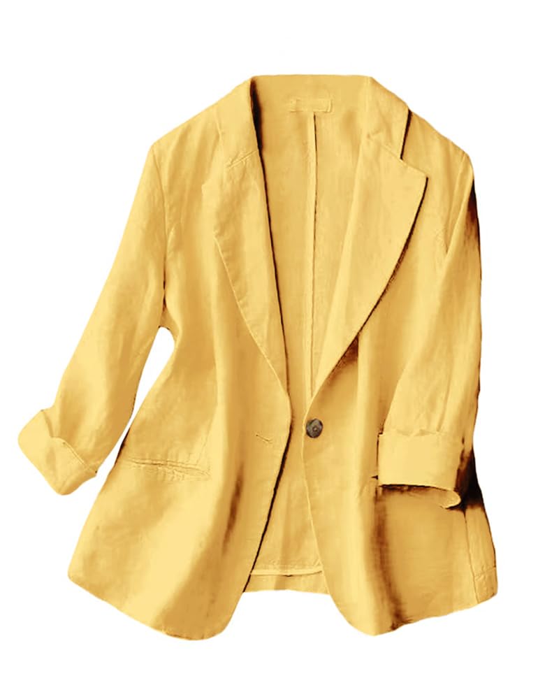 Linen Blazer Women Lightweight Casual Summer 3/4 Sleeve Lapel One Button Cotton Linen Blazers Suit Jackets (Yellow S)