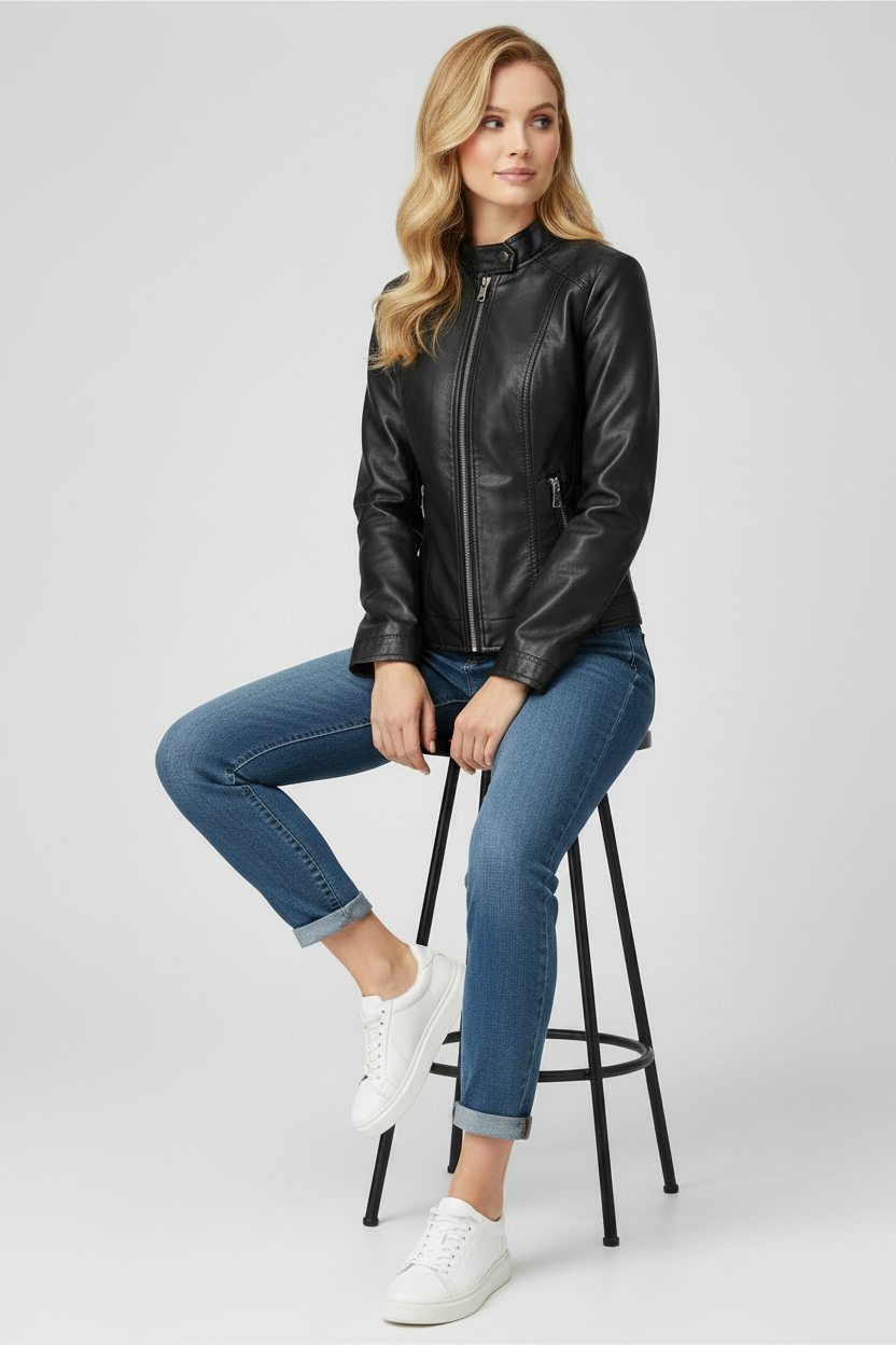 Women's Thin Mock-Neck Leather Jacket