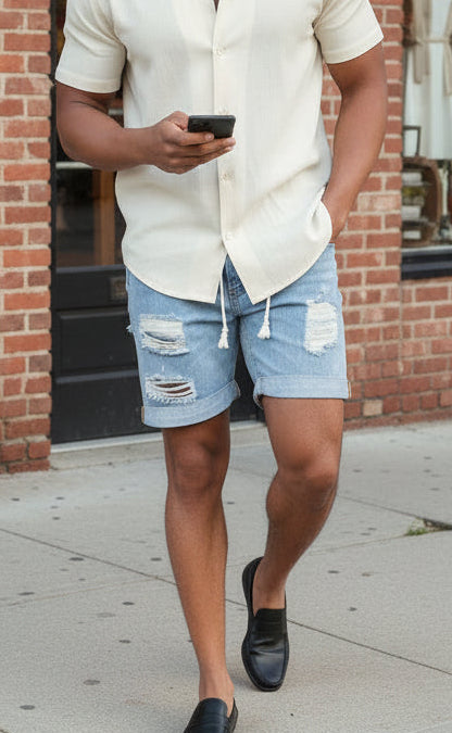TIER Loose-Ripped Denim Shorts
